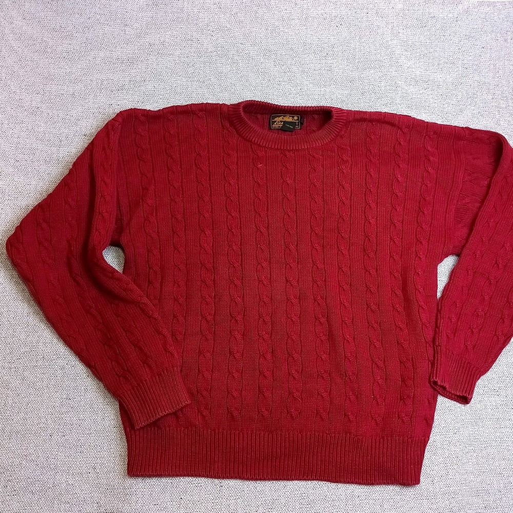 Eddie Bauer Cable Knit Sweater Mens XL Burgundy Excellent Cotton Long Sleeve